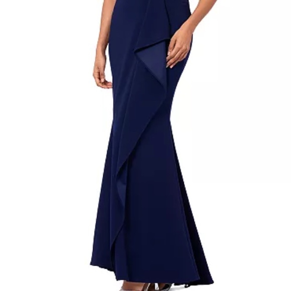 Betsy & Adam Women's Blue V-Neck Lined Ruffle-Front Scuba Crepe Dress Size 4 - Picture 4 of 10